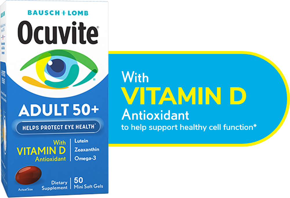 Ocuvite adult 50+ product package now with vitamin D antioxidant